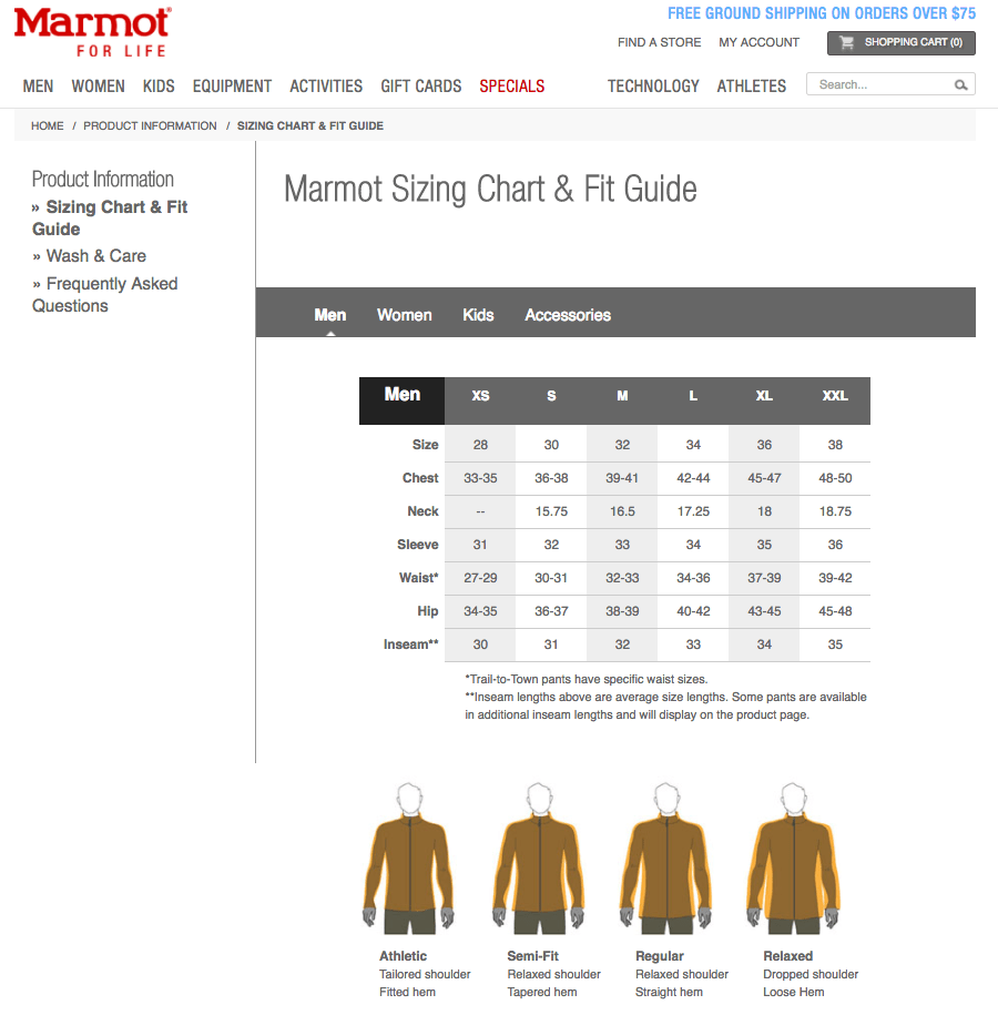 Special page with sizing info